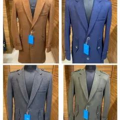 A selection of my long coats, perfect for winter weddings or receptions. They are available in various colors like brown, navy blue, charcoal grey, and olive green.