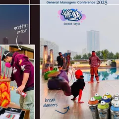 My live art is part of a full hip-hop showcase. At the Hilton event, my spray painting was complemented by break dancers, bringing an authentic street style vibe to a corporate setting by the pool.