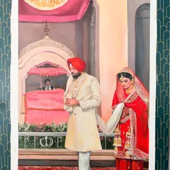 A large 5x3 feet canvas capturing the grandeur of a Sikh wedding ceremony. I worked to get every detail right, from the magnificent chandelier to the couple's traditional attire, creating a statement piece for their home.
