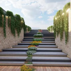 A view from the bottom of the floral staircase, looking up towards the sky. Integrated lighting under the steps ensures safety and adds a dramatic effect at night, highlighting the beauty of the structure and plantings.