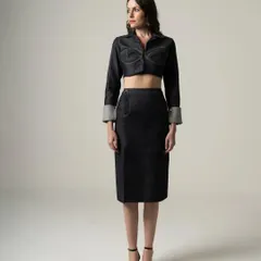 A full-length e-commerce photo for a denim co-ord set. My focus for catalogue work is to present the clothing clearly and attractively, showing its fit and design.