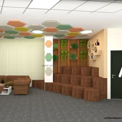 This is a concept for a multi-functional breakout area in an office. It includes casual sofa seating, tiered amphitheater-style seating for informal meetings, and a vibrant hexagonal ceiling feature.