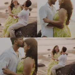 A collage of laughter and love by the sea. These candid moments from an Alibaug beach pre-wedding shoot capture the pure joy and effortless connection between the couple.
