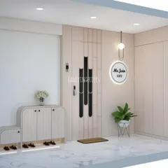 A 3D render of a sophisticated and welcoming entrance. The design includes a modern door with black accents, a fluted wall panel, a custom shoe rack with seating, and a personalized backlit nameplate.