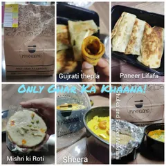 This collage shows some of the delicious homemade dishes our KitchenStars prepared for Diwali. From Gujarati Thepla and Paneer Lifafa to Mishri ki Roti and Sheera, we offer a wide range of festive treats.