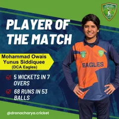 An incredible all round performance from Mohammad Owais Yunus Siddiquee in the 3rd Youngster Trophy 2024 final. Scoring 68 runs and taking 5 wickets, he rightfully earned the Player of the Match award and led the DCA Eagles to victory.