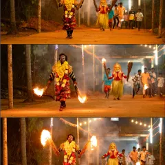 A sequence showing the dramatic entrance of Bhoota Kola performers, holding flaming torches that light up the night. These images capture the movement and divine power that are central to the coastal Karnataka ritual.