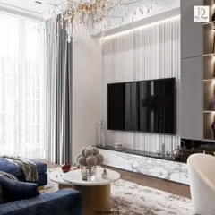 A closer look at the entertainment wall, featuring a fluted white panel design that adds texture and conceals wiring, set above a sleek marble and gold console.