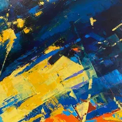 This vibrant abstract from my 'Confluence' series was shot in my living room before being dispatched to its new owner. The dynamic interplay of yellow and blue brings incredible energy to a space.