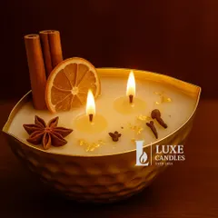 This is my Swaran Nauka (golden boat) urli candle. It's a double-wick candle adorned with real cinnamon, star anise, and dried orange, making it a feast for the eyes and the nose.