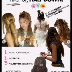 Summer hair inspiration. The half-up, half-down style is one of the easiest looks for any hair type. You can use a basic ponytail, a cute clip, or create a messy updo. The choice is yours.