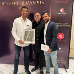 Our team accepting the Platinum Award at the WeddingSutra Influencer Awards 2024. This achievement is a result of our entire team's hard work and creative vision.
