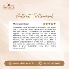 Trust is built over time. Ms. Sangeeta Dagar has been with my clinic for over a year for her laser hair removal journey. Her feedback highlights what I stand for: clean, hygienic, and effective treatments that respect your time and deliver real results.