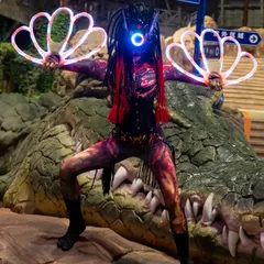 Our Alien-themed LED act is perfect for creating an otherworldly experience. The performer wears a custom mask with a glowing central eye and wields bright LED fans.