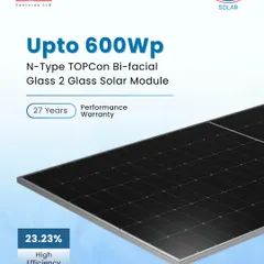 Experience the peak of solar engineering with our N-Type TOPCon Bi-facial Glass-to-Glass module. It delivers an impressive 23.23% high efficiency and up to 600Wp output, all secured by a 27-year performance warranty.