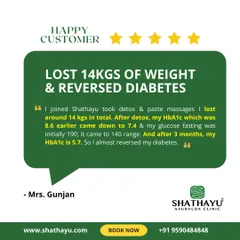 Mrs. Gunjan's experience shows the profound impact of my treatments beyond weight loss. By losing 14 kgs with detox and paste massages, she also successfully reversed her diabetes, bringing her HbA1c and fasting glucose to healthy levels.