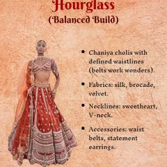 For the hourglass or balanced build, the key is to define your waist. I recommend chaniya cholis with defined waistlines, sweetheart necklines, and fabrics like silk or brocade to enhance your natural shape during Navratri.