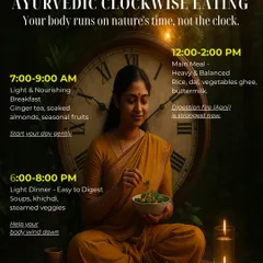 This visual explains Ayurvedic Clockwise Eating, a simple yet powerful principle for aligning your meals with your body's digestive fire (Agni). I guide my patients on how to eat with nature's rhythm to improve digestion and overall energy.