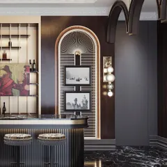 Another view of the bar, showcasing the custom artwork and the sculptural quality of the globe-like wall sconces.