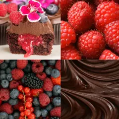 A collage showing the key components of my Dark Chocolate Berry Cupcakes: the finished cupcake, fresh raspberries, a mix of summer berries, and luscious dark chocolate.