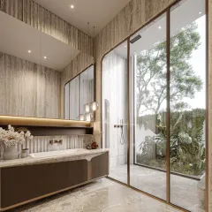 Step into a sanctuary where design whispers serenity. This bathroom uses a warm, neutral palette of beige and stone, reflecting soft light and creating an environment that redefines luxury in a personal space.