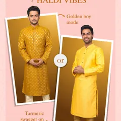 Haldi vibes, sorted. Choose between a mustard yellow kurta with a subtle shimmer or a classic bright yellow silk kurta. Both are perfect for bringing that 'golden boy' energy to the celebration.