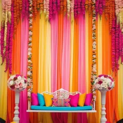 A fun and festive mehendi decor featuring a beautifully decorated swing. The backdrop of colorful drapes and floral garlands creates a perfect photo-op.