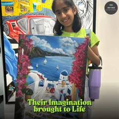 It is wonderful to see a child's imagination brought to life. This young student is thrilled with her beautiful landscape painting of a seaside village, which she created on a large canvas.