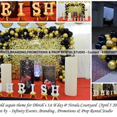 A glamorous black and gold theme for a first birthday. The centerpiece is a gold sequin wall framed by a black and gold balloon garland, paired with themed cylinder tables for a chic and modern celebration.