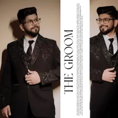 A stylish diptych of the groom, Darshil, looking sharp in his embellished black suit. This shot captures his confidence and anticipation on his big day.