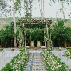 A beautiful mandap set against a natural backdrop of eucalyptus and bamboo trees. I love using the natural landscape as part of the decor for eco-friendly and nature-inspired weddings.