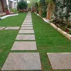 Hardscaping is key to a well-designed garden. This image shows a long stone pathway that provides a durable and stylish walkway through the lawn.