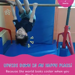 Seeing the world upside down is a happy place for many of my little gymnasts. This activity on the high bar builds confidence and upper body strength in a playful way.