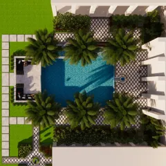 A top-down architectural rendering of a formal courtyard pool. The symmetrical layout, surrounded by palm trees and a patterned patio, demonstrates a classic and orderly approach to luxury pool design, perfectly complementing the property's architecture.