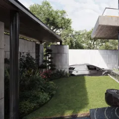 A view into a landscaped garden, framed by architectural elements. This render demonstrates how I visualize the layering of space, from the manicured lawn and curved garden bed to the covered carport in the background.