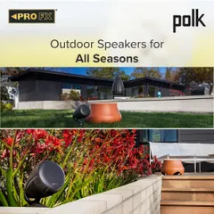 Our design philosophy is to make technology disappear into the landscape. Here, Polk Atrium series satellite speakers and a SUB100 subwoofer blend perfectly into the garden and deck area, delivering rich, full-range sound without disrupting the natural beauty of your space.