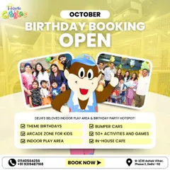 October birthday bookings are open! This graphic, featuring Mr. Giggles, lists our key attractions like theme birthdays, the arcade zone, and over 50 activities. Call us to reserve your spot!