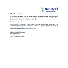 A brief overview of Ganashri Advisers and our primary advisory services. We handle everything from bookkeeping and payroll to professional tax and MSME registration for businesses in Bangalore.