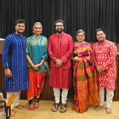The wonderful team of artists I shared the stage with in New Delhi. From left to right: Vishnu on Navtar, myself, Rohith on vocals, my guru Indira Kadambi on Nattuvangam, and Manohar on mridangam.