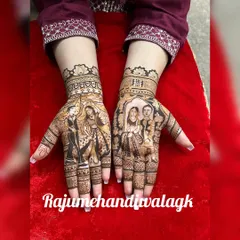 This design was for an engagement bride who wanted her story told on her palms. I created portraits of the couple based on their photos.