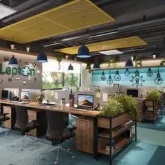 For the Lepton office, I created a vibrant, open-plan workspace designed to inspire collaboration and creativity. The design uses bold colors, branded wall graphics, and integrated greenery to build an energetic atmosphere that reflects the company's innovative spirit.