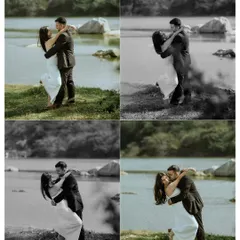 A four-panel image that includes black and white versions of a couple dancing, adding a classic, cinematic feel to the moment.