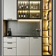 A sleek and modern home bar unit. This design includes a backlit display cabinet for wine bottles and glasses, handle-free drawers and cabinets, and a dedicated vertical shelf for showcasing special bottles.