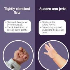 Tightly clenched fists can mean your baby is stressed or hungry, while sudden arm jerks are just the normal startle reflex. Swaddling can help calm them.