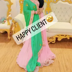 This client looks graceful in a pink and green anarkali-style gown. Your happiness is what drives my business.
