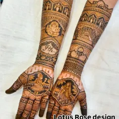 A complete bridal design featuring portraits of the bride and groom on the palms. The arms include a Ganesh figure for blessings and lotus motifs, combining personalization with tradition.