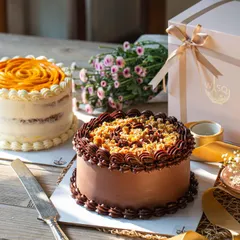 A duo of my 6-inch celebration cakes. One is a Dark Chocolate & Salted Caramel cake with a crunchy praline topping, and the other is a fresh Vanilla & Mango cake with a mango rose on top.