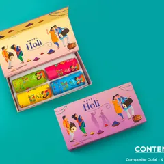 A simple and colorful Holi gift. This box contains four units of composite gulal in vibrant packaging, perfect for spreading joy.