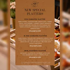 Unveil our new special platters. This menu details our Veg Canapés Platter, Non-Veg Canapés Platter, and Mini Pastries Platter, all available for pre-order.