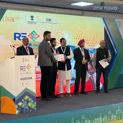 Receiving the SolarX Startup Challenge award on stage at the Re-Invest 2024 event. We were selected as one of the top 10 winners from a pool of over 150 startups, a significant achievement for our company.